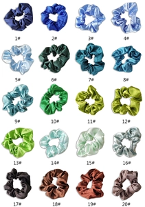 Macro display of 20 colors available for the satin silk fabric scrunchie set