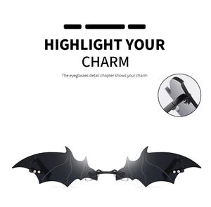 Detailed view of bat-shaped sunglasses featuring black lenses and durable metal hinges
