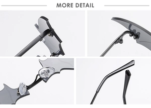 Detailed views of bat-shaped sunglasses showing metal hinges, nose pads, and matte temples