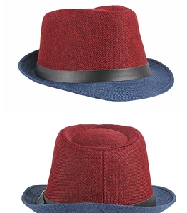 Detail of red and blue color-block fedora hat with a black leather decorative band