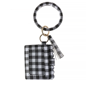 Detail of leopard PU leather bangle keychain with tassel and plaid card holder wallet