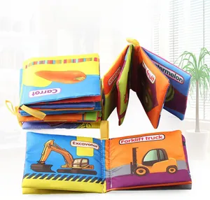 Detail of 6 soft baby cloth books showing colorful fruit and vehicle cognition themes
