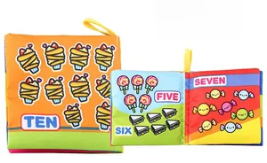 Macro view of numbered pages with dessert illustrations in soft baby cloth book