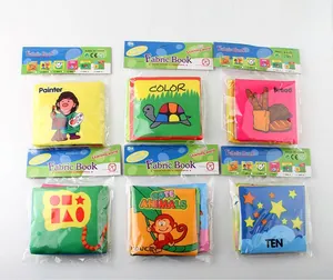 Detail view of 6-piece baby cloth books set with colorful educational themes and packaging
