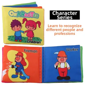 Detail of character and profession fabric book featuring fireman and worker illustrations