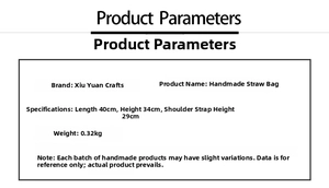 Detailed size specifications for handmade straw bag: 40cm length, 34cm height, and 0.32kg weight