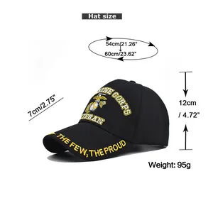 Detailed size chart showing dimensions for USMC veteran embroidered baseball cap