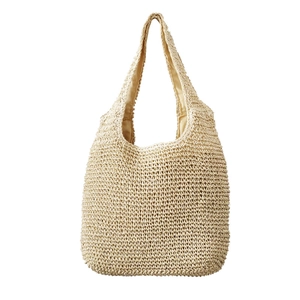 Handcrafted beige straw shoulder bag with woven texture for summer beach vacation