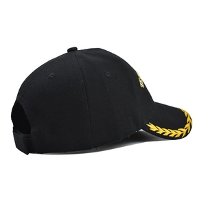 Detail of black SWAT baseball cap with yellow embroidery and adjustable velcro strap back