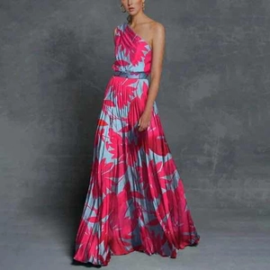 Elegant one-shoulder maxi dress featuring digital leaf prints and pleated texture
