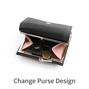 Short cartoon wallet in black leather with pink lining and metal kiss lock closure