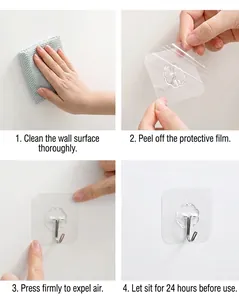 Step-by-step installation guide for transparent adhesive wall hooks on smooth surfaces
