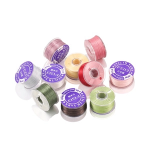 Detail view of multicolored 50yds sewing thread spools with clear plastic bobbins