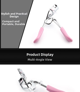 Detailed close-up of eyelash curler featuring pink pads and sturdy silver metal frame