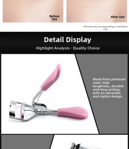 Detail of pink eyelash curler with chrome steel frame and non-slip silicone pads