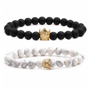 Crown beaded couple bracelets set with white turquoise and black matte tiger eye stone