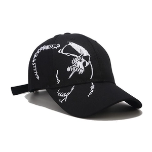 Close-up of high-quality white skull embroidery on a black cotton twill baseball cap