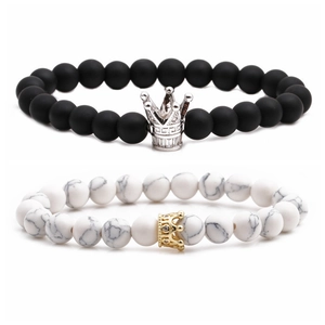 Crown beaded bracelet set with matte black stones and white turquoise for couples