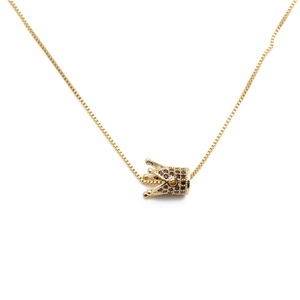 Gold crown necklace with micro-paved black stones on a classic box chain