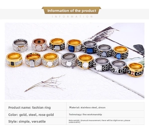 Detailed chart showing stainless steel wide rings with colorful cubic zirconia settings