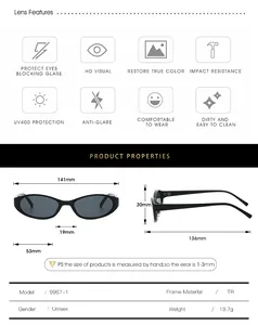 Detailed size chart for oval sunglasses showing frame width 141mm and TR material weight 19.7g