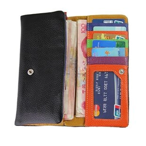 Interior view of leather wallet showing colorful card slots and RFID protection layers