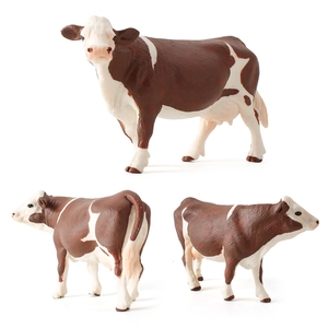 Realistic Holstein cow toy model featuring brown and white spots from three distinct angles