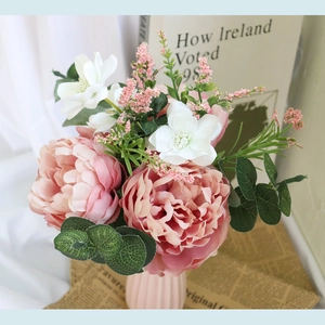 Pink peony bridal bouquet set with white small flowers and pink ribbed vase for home decor