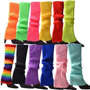 Detail of colorful knitted leg warmers showing ribbed texture and multiple vibrant colors