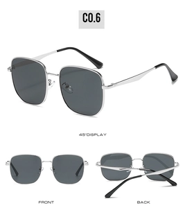 Three-angle display of oversized silver metal square sunglasses with dark lenses