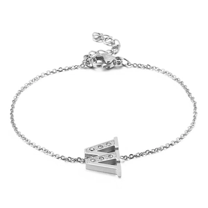 Polished silver titanium steel chain bracelet with crystal letter W pendant and lobster clasp