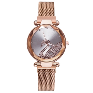Elegant rose gold women's watch with swan dial and mesh strap on a clean white background
