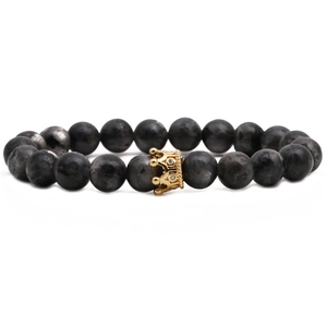 Pulsera de cuentas de piedra natural gris oscuro de 8mm con dije de corona dorada