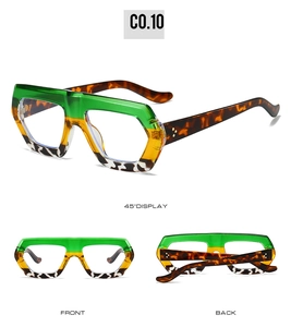 Detailed view of tricolor glasses frames with green, yellow and tortoiseshell textures