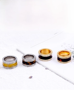 Set of titanium steel rings with wide bands, shell inlay, and sparkling rhinestones