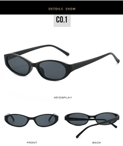 Detailed views of black oval sunglasses showing front, back, and 45-degree angle perspectives