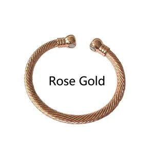 Rose gold magnetic copper cuff bracelet with twisted cable design and bead ends