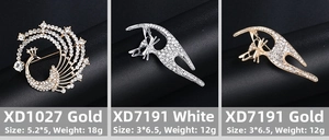 Détail des broches paon et chat en alliage avec strass en cristal sur des supports