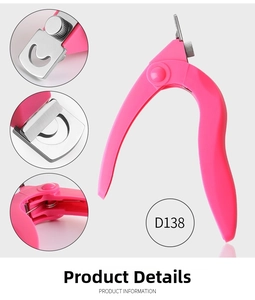 Detailed close-up of pink pet nail clipper with stainless steel blade and U-shaped cutting edge