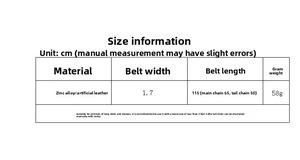 Size guide for pearl metal waist chain showing dimensions of 115cm length and 1.7cm width