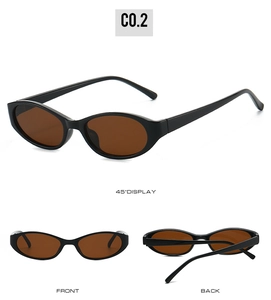 Multiple views of oval sunglasses in glossy black frame with dark brown lenses