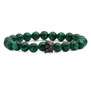 Malachite pattern beads bracelet with a black crown charm and micro-inlaid rhinestones