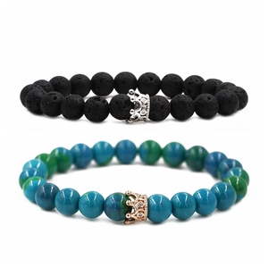 Bracelet en Perles de Pierre de Phénix et Pierre de Lave avec Couronne Fait à la Main Bijoux en Cuivre et Zirconia pour Couples