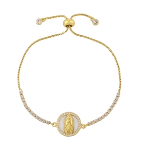 Adjustable gold Virgin Mary bracelet with shell inlay and white cubic zirconia pave