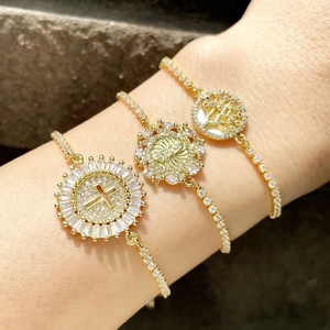 Adjustable Bolo Bracelet For Women Hollow Round Religious Cross Virgin Mary Tree Of Life Copper Zircon Jewelry