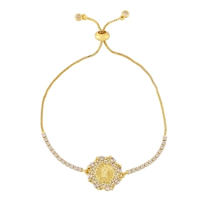 Adjustable golden bolo bracelet with hollow round cross medallion and sparkling zircon accents