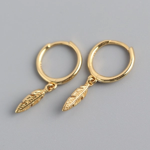 Elegant gold S925 sterling silver hoop earrings with feather drop charms for women