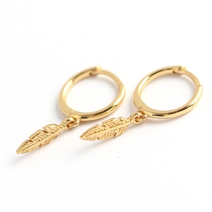 S925 sterling silver gold feather drop earrings with minimalist round hoops for women