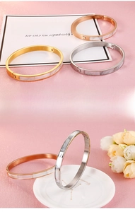 Detail of 6mm stainless steel bangle with white mother-of-pearl inlay in three colors