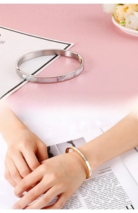 Minimalist 6mm stainless steel bangle featuring inlaid rectangular white shell accents
